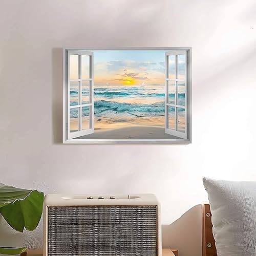 Miniatura 4 de Arte de Lienzo de Ventana Abierta para Pared Paisaje Costero de Playa al Atardecer Vista de Ventana Falsa Imagen Olas Azules del Océano Pintura de