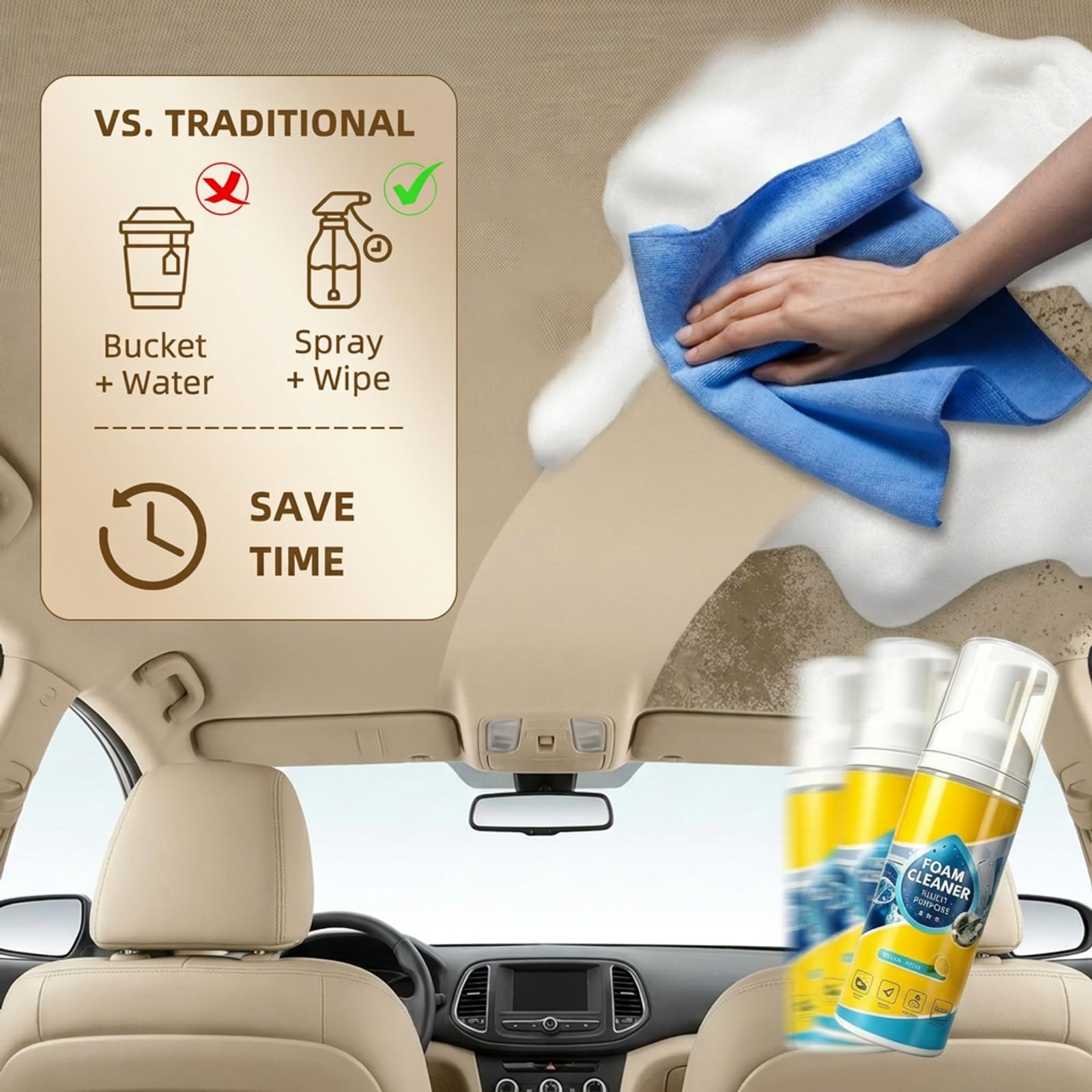 Detergente in schiuma multi-enzimi 4 in 1, con spugna e asciugamano e crema detergente per pneumatici, detergente in schiuma per interni dell'auto, pulizia igienica in auto e casa (2 set)
