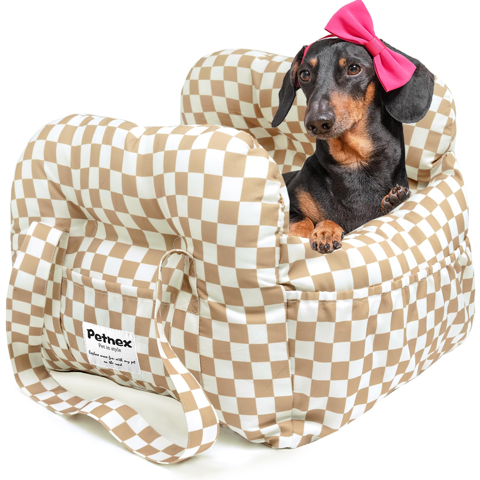PETNEX Dog Car Seat for Small Dogs, Portable Puppy Car Seat of Easy Installation, Fashionable Pet Carrier Bag with Large Pockets, Machine Washable Dog Booster Seat (Checkered Khaki)