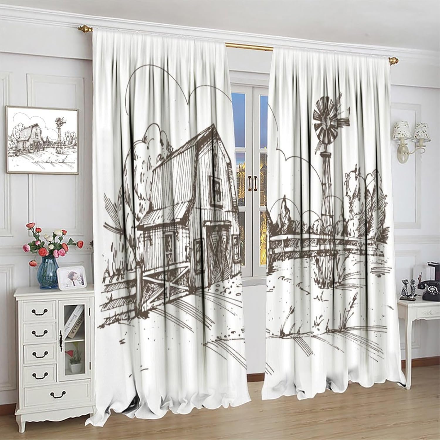 Windmill Farm Blackout Curtain, Rustic Barn Farmhouse Hand Drawn Illustration Countryside Rural Meadow, Bedroom Living Room Kitchen Decor ，Dark Brown and White 42" W X 45" L