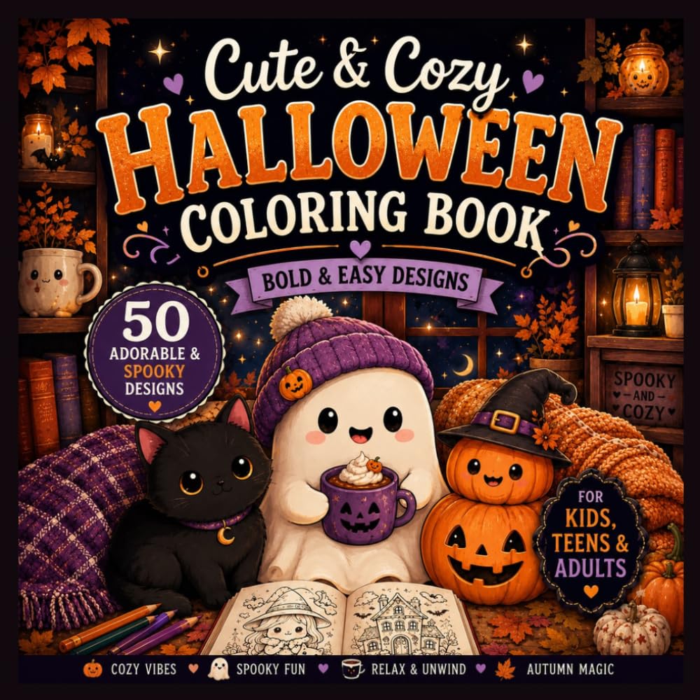 Cute & Cozy Halloween Coloring Book: Bold & Easy Spooky Cute Designs with Cozy Autumn Vibes for Adults, Teens & Kids