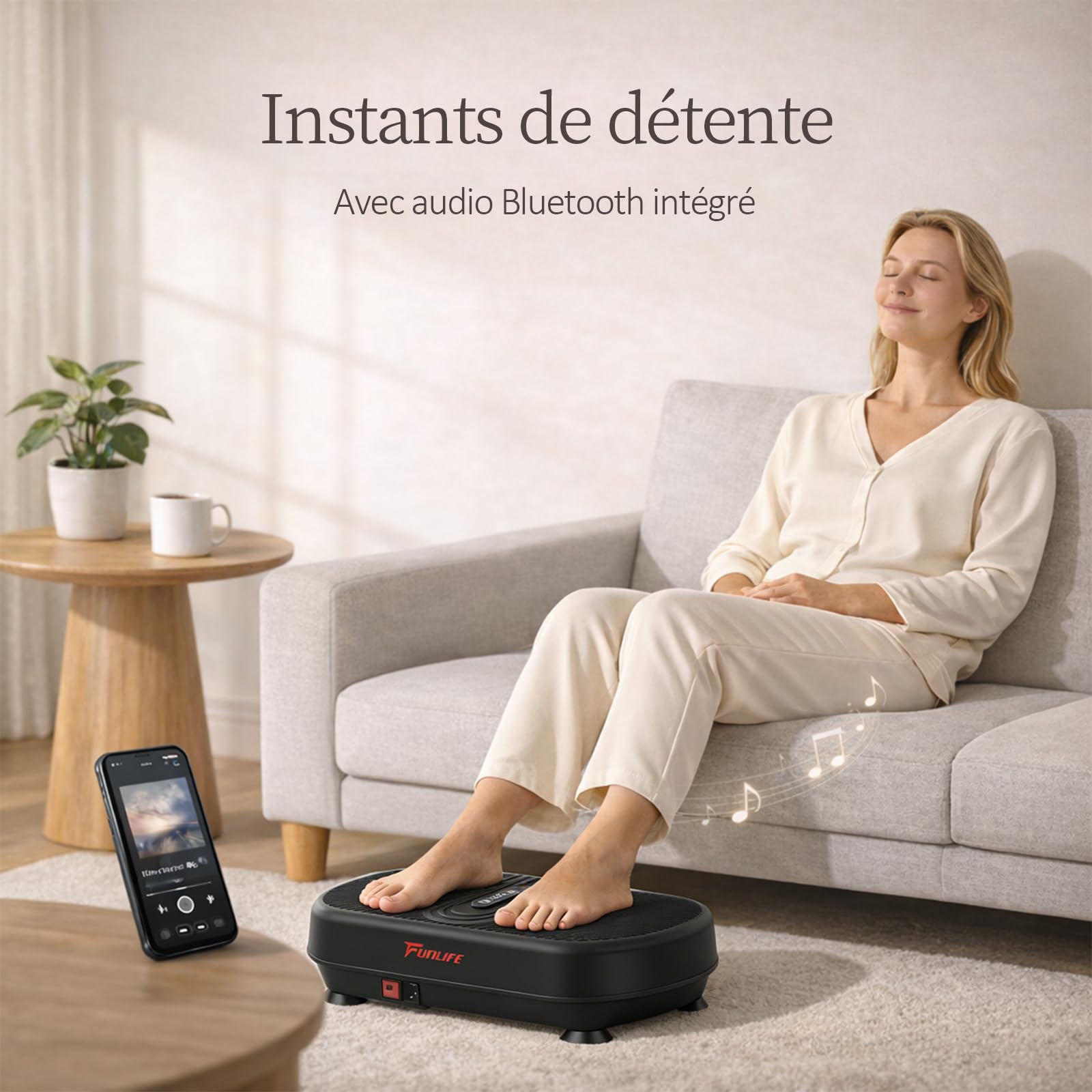 Funlife Plaque vibrante 120 kg, 180 niveaux, 5 programmes et manuel, Bluetooth et haut-parleur, plaque de fitness avec cordes d'entraînement pour l'entraînement de tout le corps