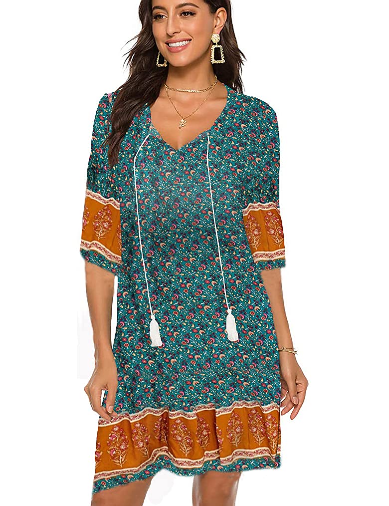 Photo 1 of Halife Women's Vintage Ethnic Style Printed Tassel Tie Neck Loose Fit Bohemian Tunic Dress Large Vintage Green