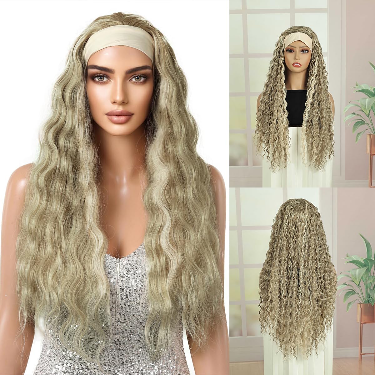 Creamily Glueless Headband Wig Long Blonde Curly Headband Wigs for Black Women Synthetic Natural Looking Curly Wavy Wig Heat Resistant 180% Density (28 inch