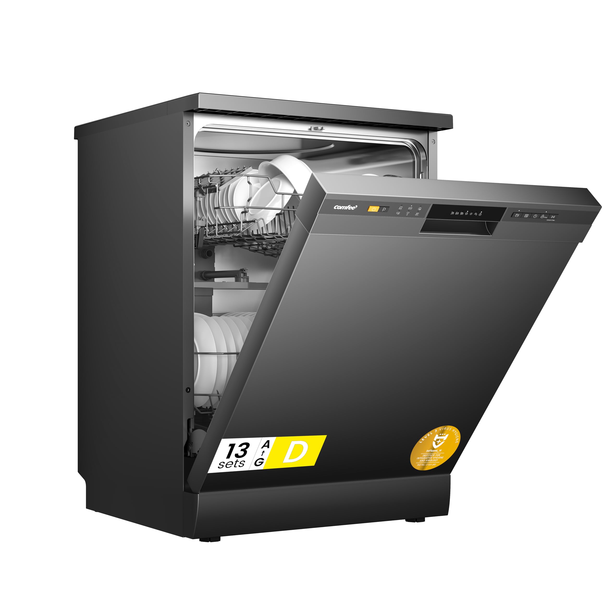 COMFEE' Dishwasher Freestanding with 13 Place Settings, New Upgraded Full Size Dishwasher 60cm Width, CDWPF1301PBD-UK, Auto Door Open Drying, Quick Wash, Hygiene Wash, Delay Start, Half Load -Black — view 2