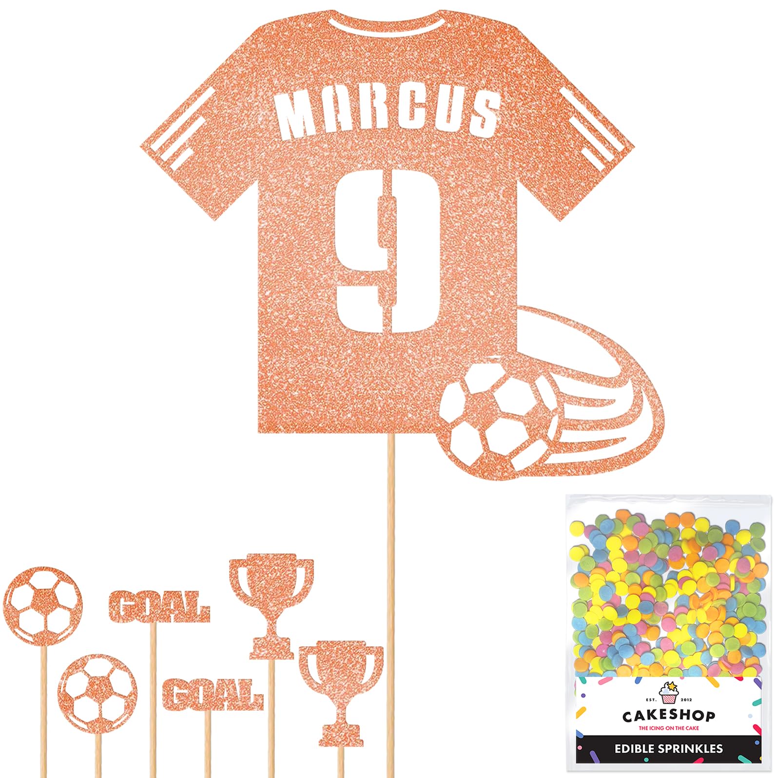 Personalised Birthday Football Kit Jersey Cake Topper- Rose Gold Any Name & Age Number Glitter Cake Decoration and Sprinkles - Happy Birthday Decorations - Personalised Toppers for Cakes by Cakeshop — image 1