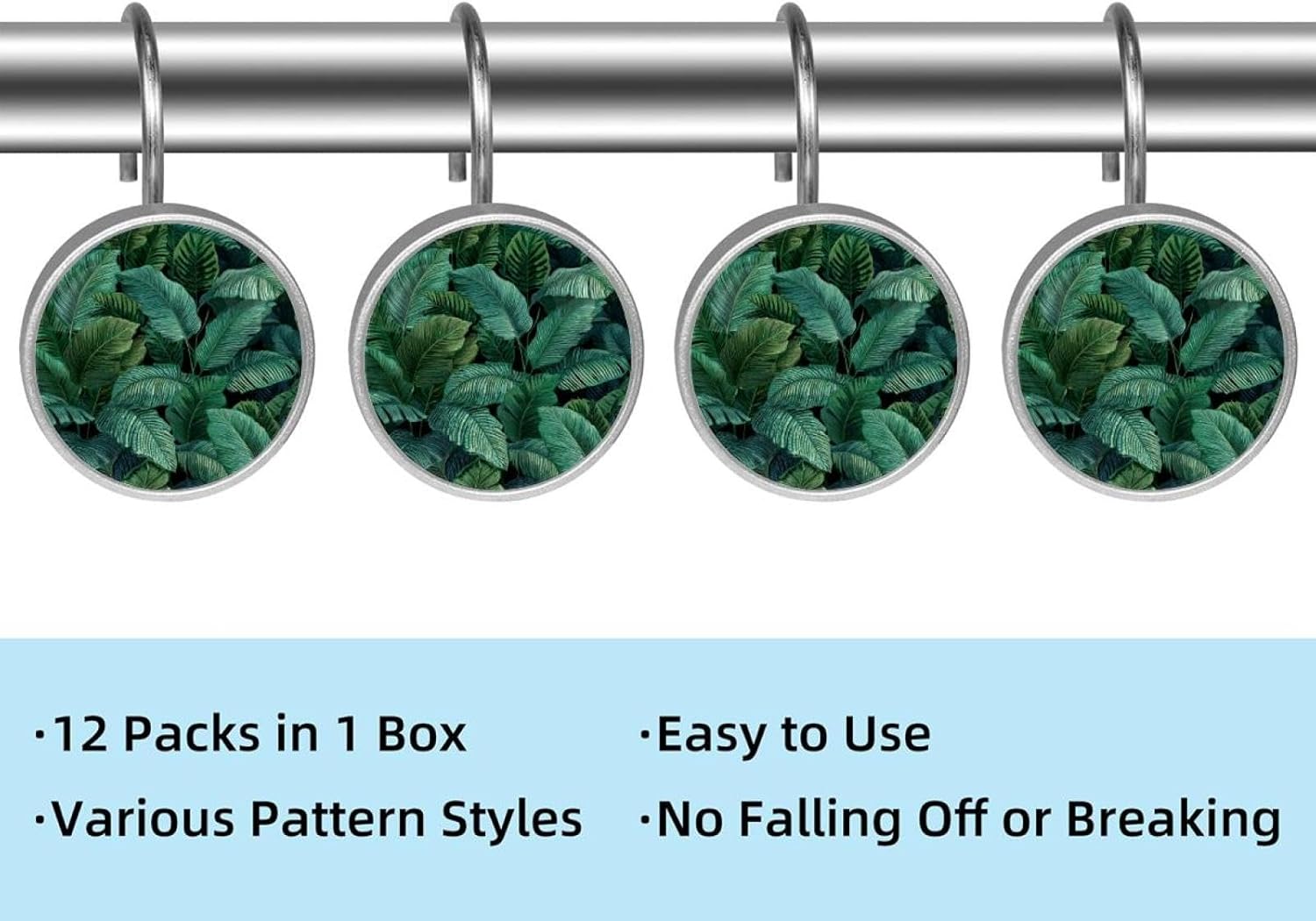 Tropical Green Leaves Pattern (2) Round Crystal Glass Decorative Shower Curtain Hooks with 3D Pattern Visual, Rust Proof Shower Curtain Rings-12 Pack