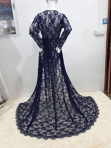 Miniatura 7 de ZIUMUDY Vestido largo de encaje transparente con cuello en V profundo y abertura frontal para fotografía con manga larga