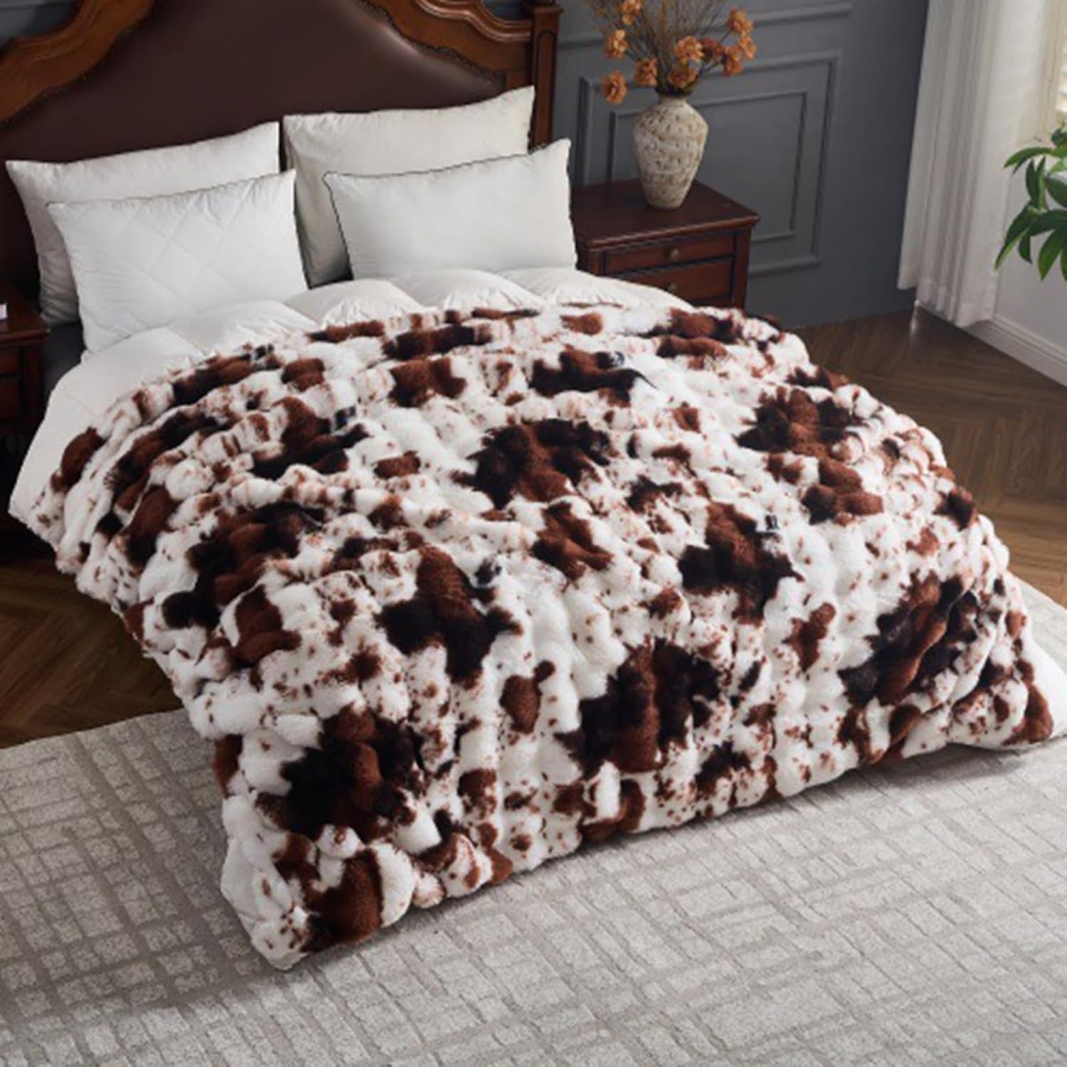 Cow Print Faux Fur Throw Blanket for Couch, Soft Fluffy Fuzzy Plush Bubble Blanket for Sofa Bedroom Living Room, Cozy Warm Reversible Luxury Winter Blanket,Coffee,50x60 Inch - Image 7