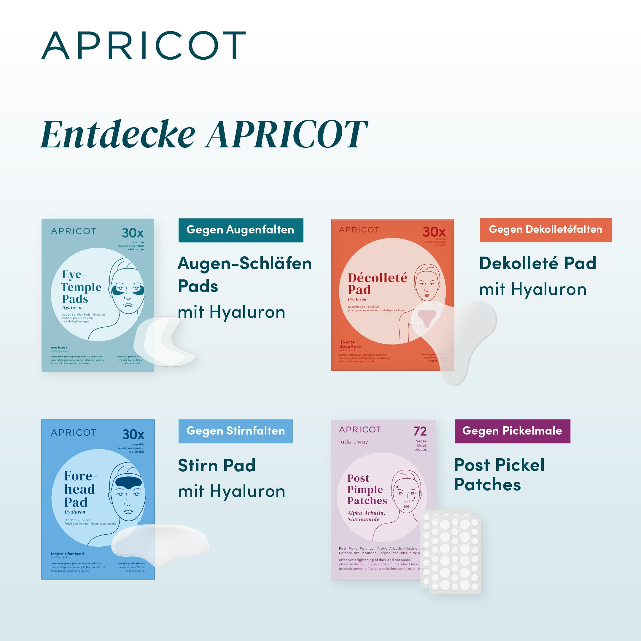 APRICOT Hyaluron Augenpads aus medizinischem Silikon mit niedermolekularem Hyaluron - Bis zu 30x Wiederverwendbar, Dermatologisch Bestätigt, Vegan & Tierversuchsfrei - Augenpads gegen Augenringe