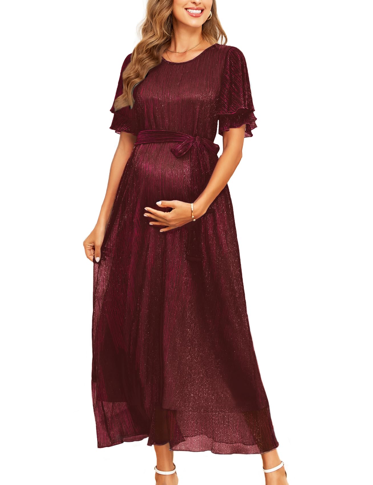AISWI 2025 Maternity Sparkly Mesh Maxi Flowy Dress with Belt Ruffle Sleeves Pregnant Long Dress Baby Shower Photoshoot Formal