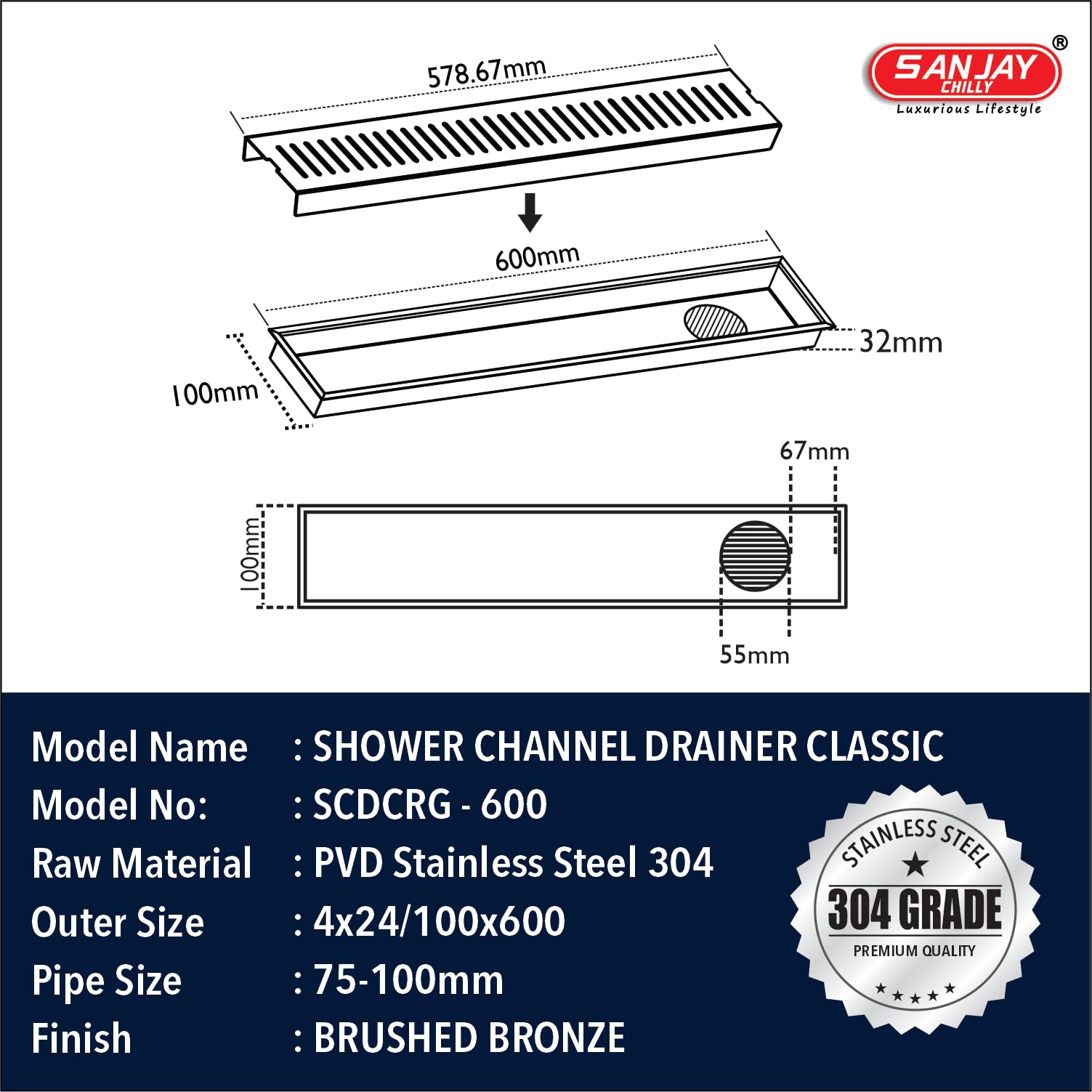 SANJAY CHILLY Classic Shower Channel Drainer Colour Collection Floor Drain with Cockroach Trap & Collar SS 304 Grade Washroom Gratings Drain Strainer (Brushed Bronze 24 x 4 INCH Side Hole) 1