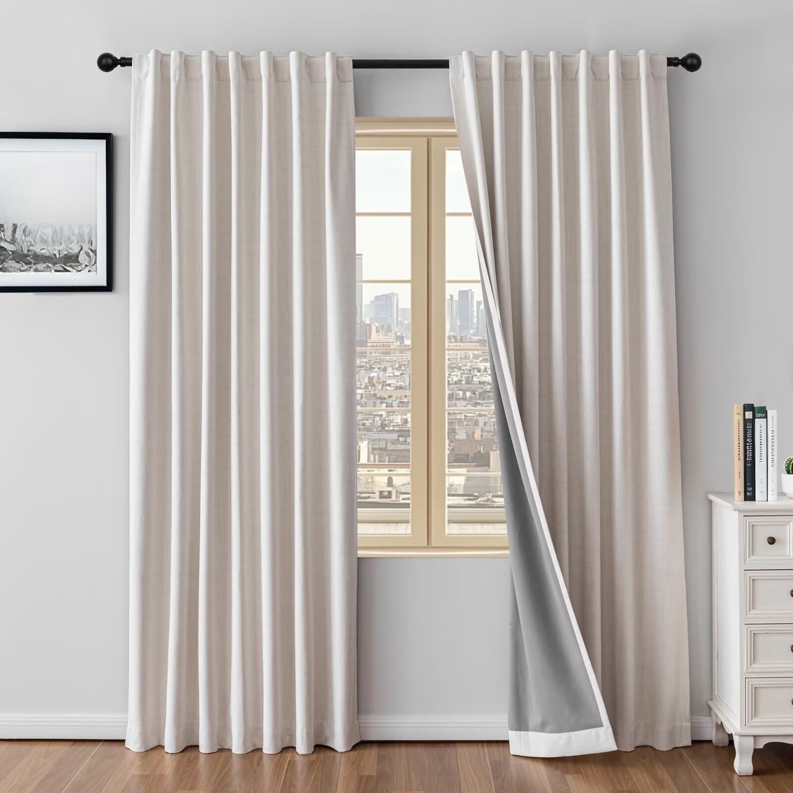 Zyvola 100% Blackout Curtains 108 inch Length 2 Panels Faux Linen Long Drapes for Bedroom Living Room Black Out Room Darkening Curtain Thermal