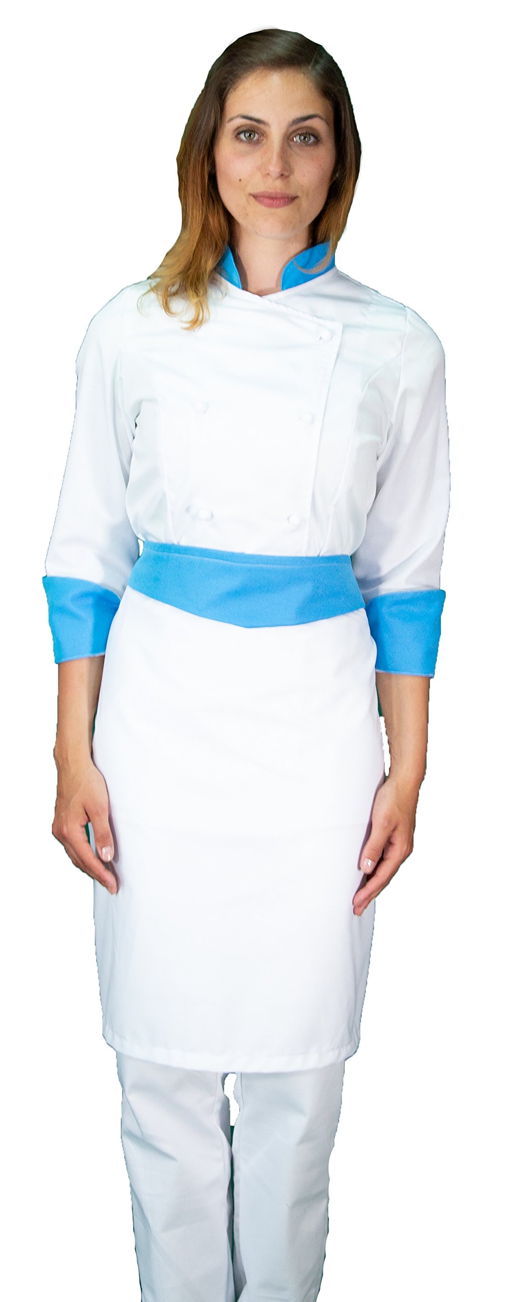 Ricamo Gratuito - Completo Cuoco da Cucina - Bianco e Ciano - Divisa Chef Donna - Pantalone, Giacca e Grembiule - Made in Italy
