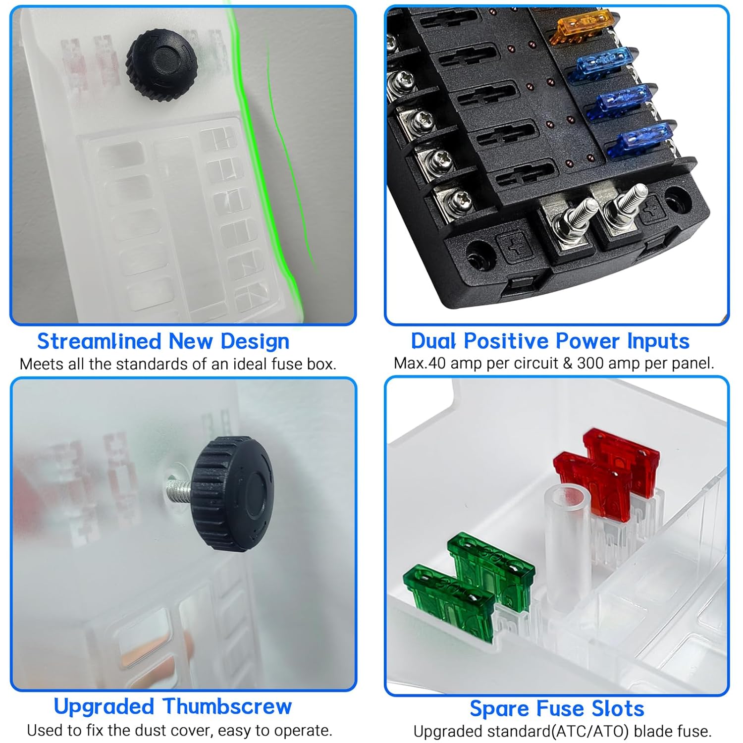 300A 12 Way Blade Fuse Block, Waterproof 12 Circuits Boat Fuse Box Panel with Dual Positive Power Inputs and Negative Bus, Standard ATC/ATO Fuse Holder with LED Indicator, for 12V/24V Car Truck Marine