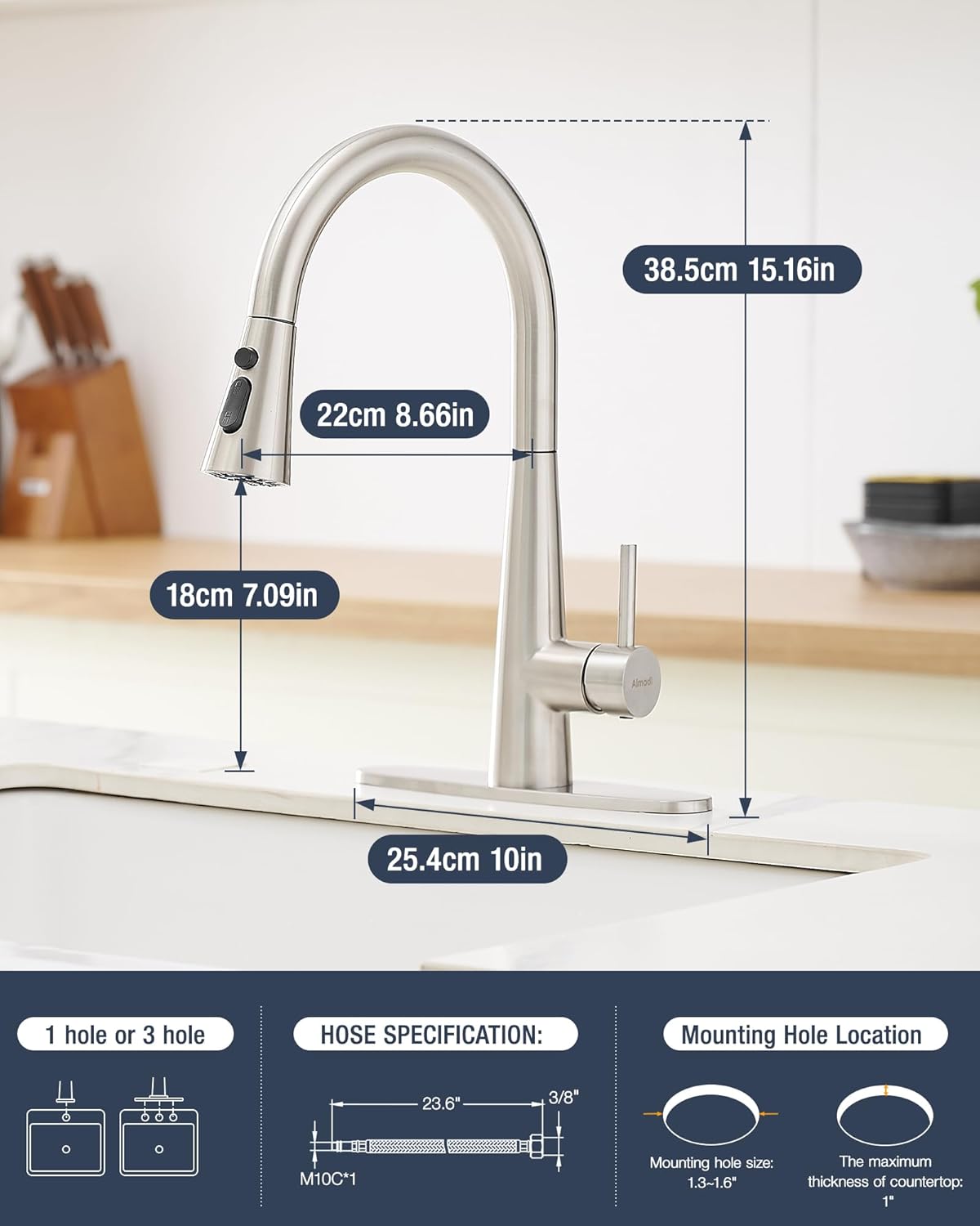 AIMADI Kitchen Faucet with Pull Down Sprayer – High Arc 360° Swivel Brushed Nickel Stainless Steel Kitchen Sink Faucet, 3-Mode Spray Head, Suitable for Farmhouse Modern Laundry Rv Bar - Image 7