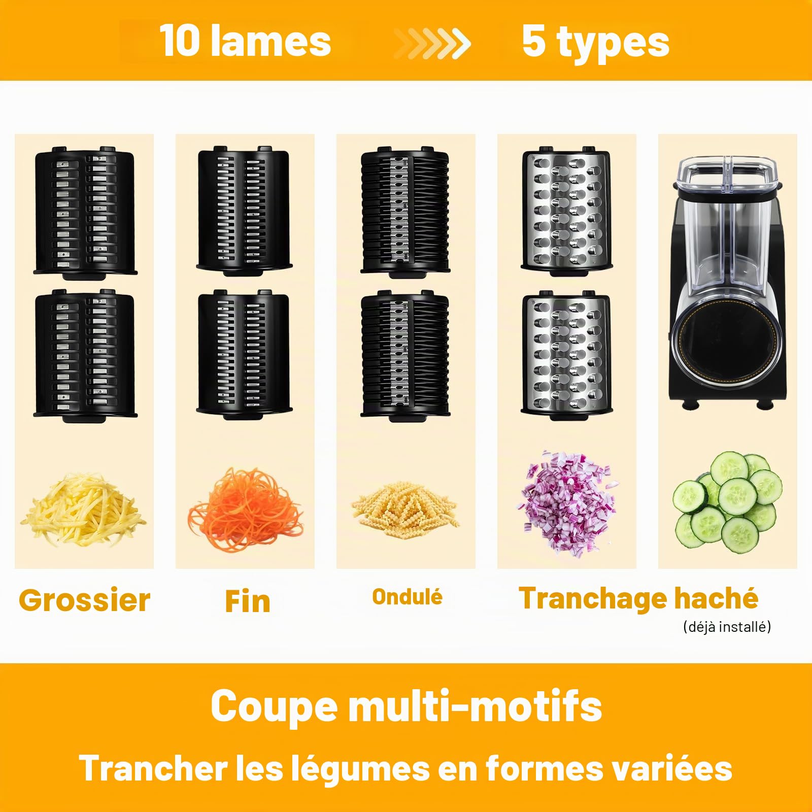 Coupe-légumes électrique 1000 W avec 10 lames - Râpe à légumes automatique - Pour couper les pommes de terre, radis, concombres, oignons