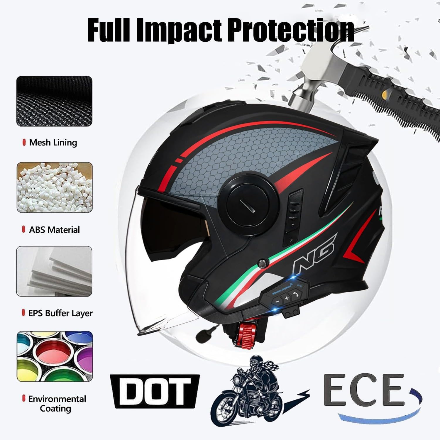 Cascos Abiertos de Moto 3/4 Bluetooth con Visera Medio Casco Motocicleta Jet Homologado ECEDOT Casco Half-Helmet para Hombres Y Mujeres Adultos Función Bluetooth Integrada