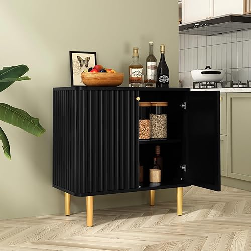 Miniatura 3 de HLR Aparador de buffet con textura acanalada, gabinete de acento negro con puertas, armario de almacenamiento moderno de credenza para cocina, sala