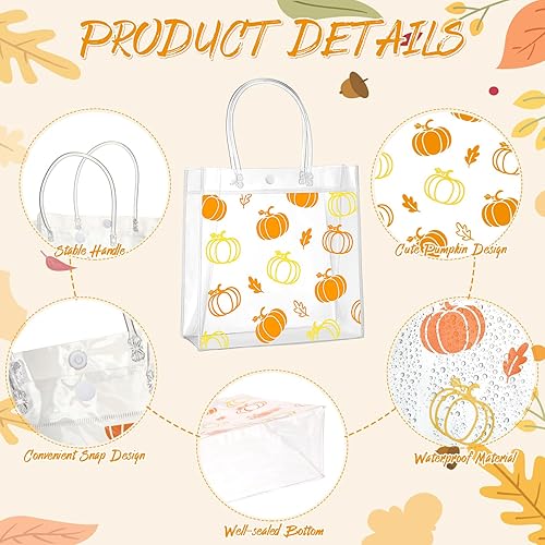 Miniatura 3 de Aliceset 12 bolsas de regalo de PVC con diseño de calabaza de otoño con asa, hojas de otoño transparentes, bolsa de golosinas de calabaza para
