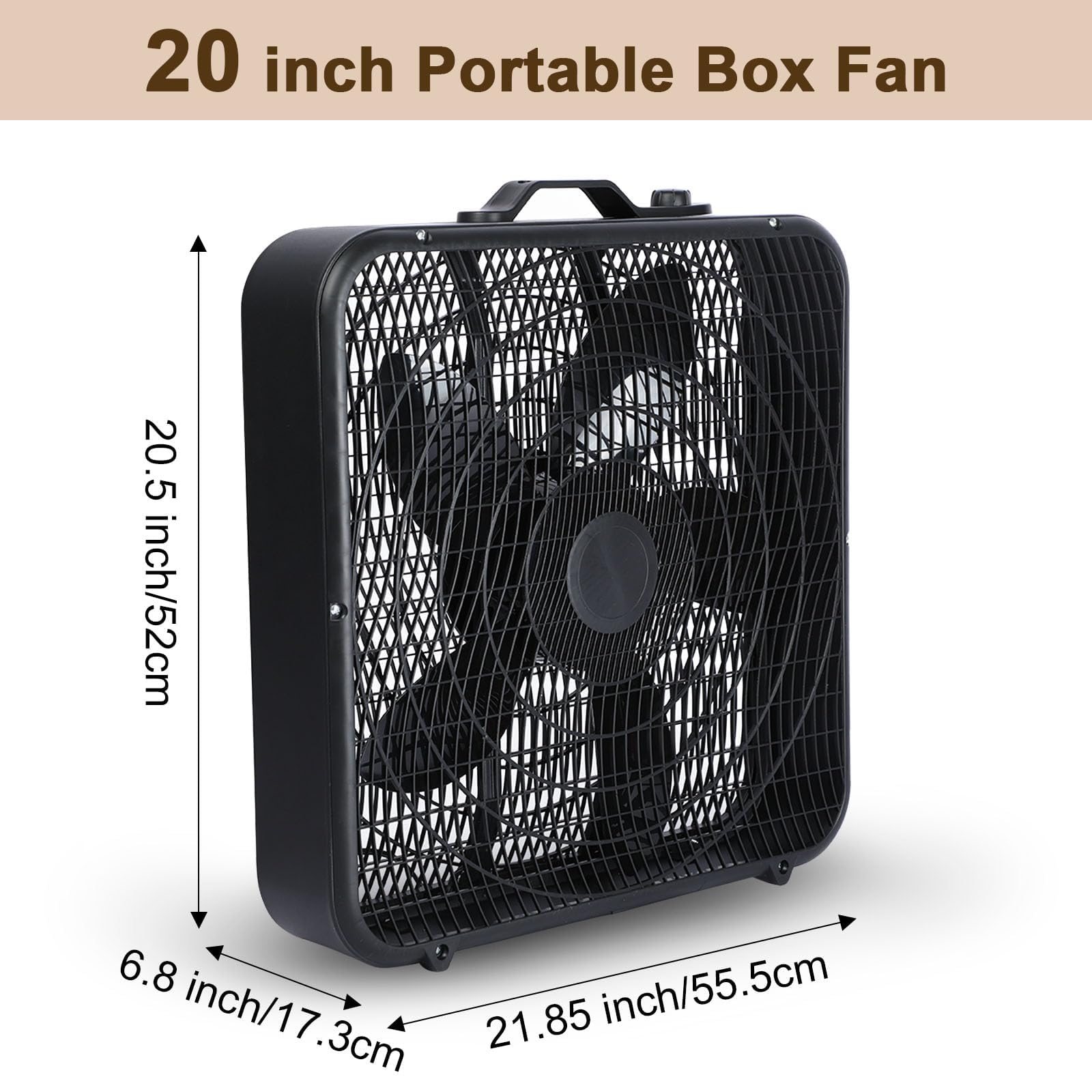 Xcity 20-Inch Box Fan, 3-Speed Quiet 2000 CFM Powerful Airflow, 70W Portable Floor Fan with Carry Handle for Bedroom, Office & Living Room, Black