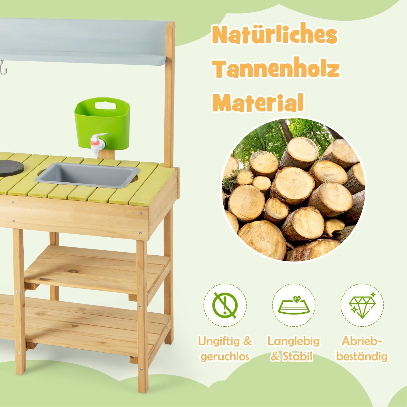 DREAMADE Matschküche Kinder Outdoor, Kinderküche mit Wassertank, Wasserhahn, Herd & abnehmbarem Regal, Spielküche aus Tannenholz, Outdoor Küche inkl. Zubehör für Jungen & Mädchen ab 3 Jahren (Natur)