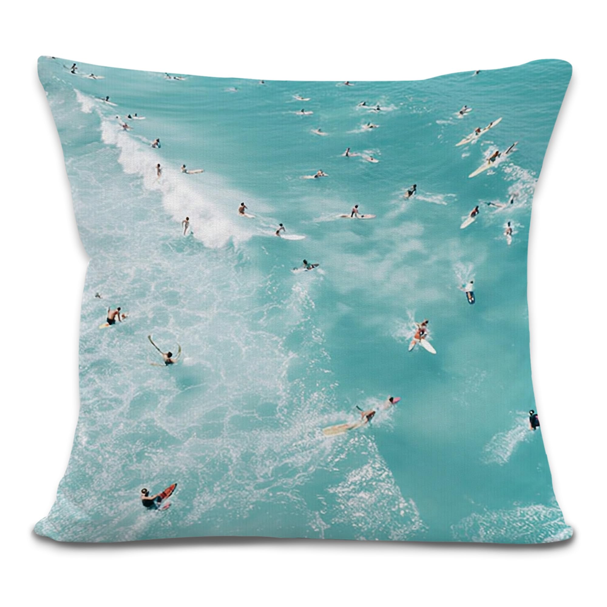 Blue Coastal Beach Surf Throw Pillow Cover 18x18, Surfing Gifts, Summer Aerial Surfer Decorative Pillow Cover, Ocean Beachy Pillowcases Cushion Case for Home Couch Bedroom Decor