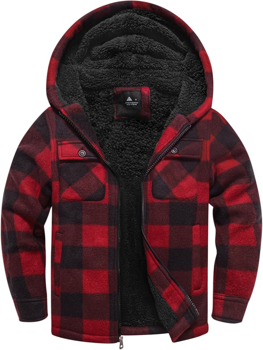 Chaqueta de franela para niños con capucha y forro polar con cremallera y capucha a cuadros para niños