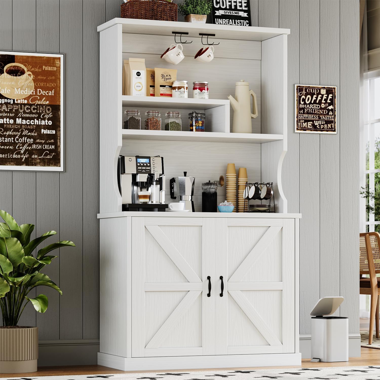 4ever2buy Farmhouse Coffee Bar Cabinet with Storage Hutch, 73 Inch Tall Coffee Bar with Wine Racks and Adjustable Shelves for Living & Dining Room, White