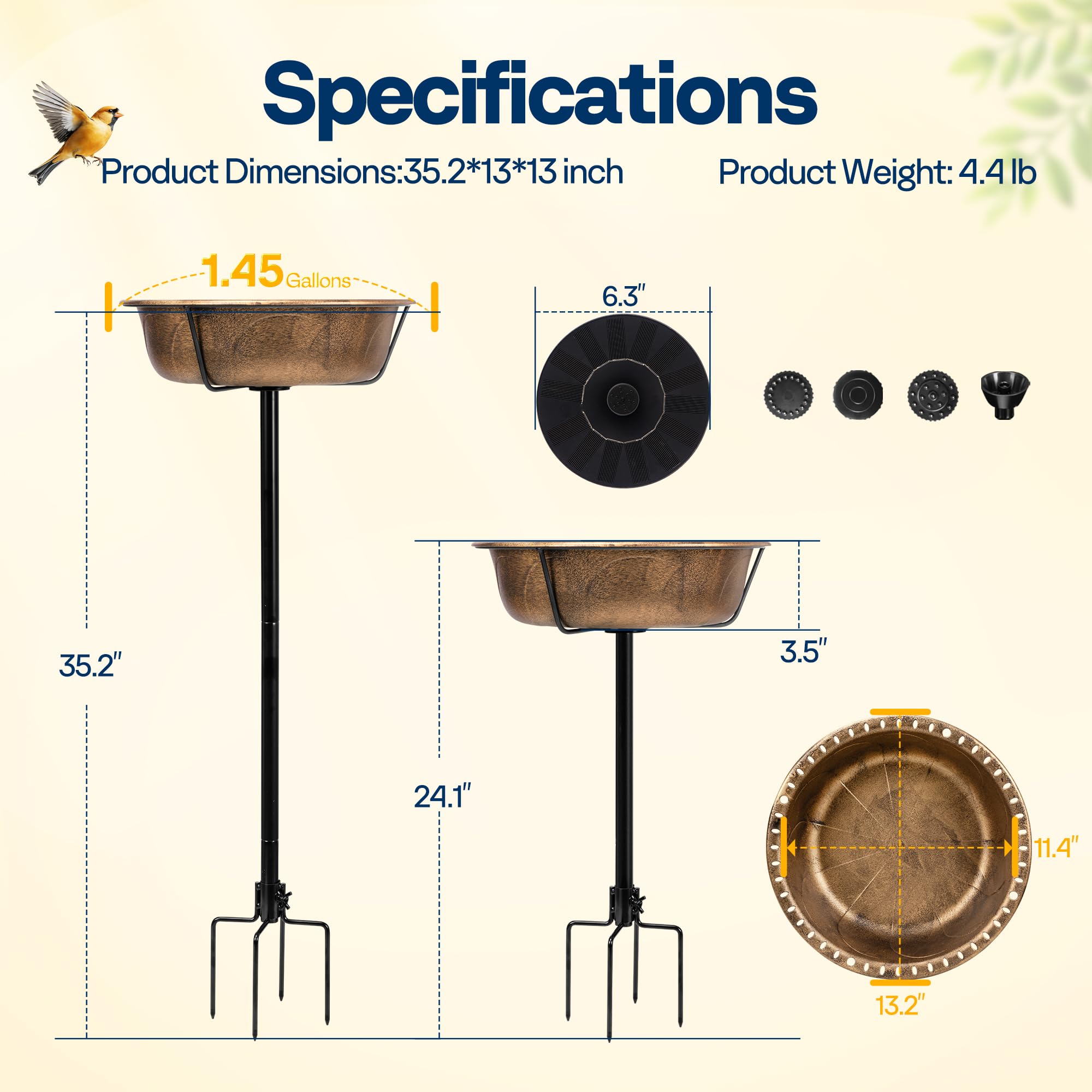 VIVOHOME Bacino per Uccelli in Poliresina con Fontana Solare, Altezza 74cm, Mangiatore per Uccelli da Giardino Autonomo con Pali in Metallo, Base a 5 Punte