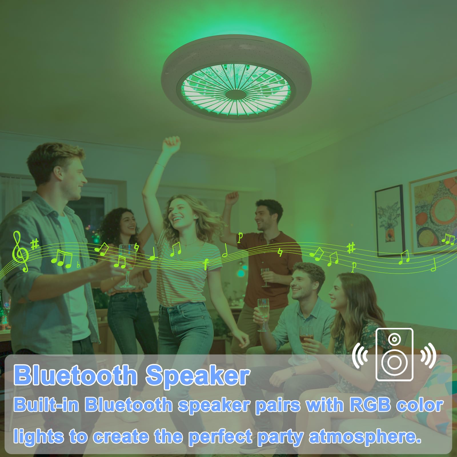 Deckenventilator mit Beleuchtung RGB 45cm Schlafzimmer, mit Lautsprecher | Fernbedienung und APP, Dimmbar, 6 Windstufen Reversibel, Leise, Timer