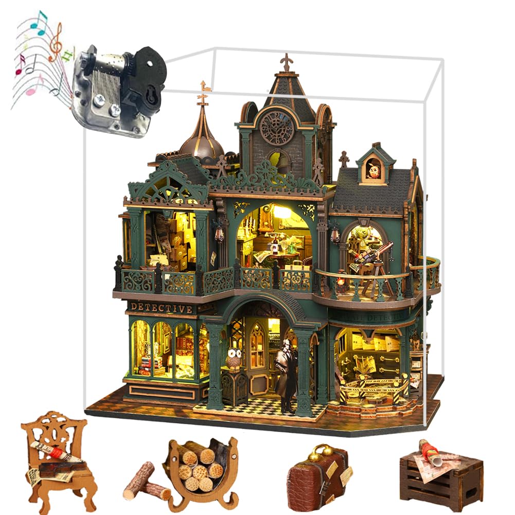 Kit de casa de muñecas de detective en miniatura, rompecabezas 3D de madera con luces LED, caja de música, estilo victoriano, idea creativa de habitación, el mejor regalo (con cubierta antipolvo)