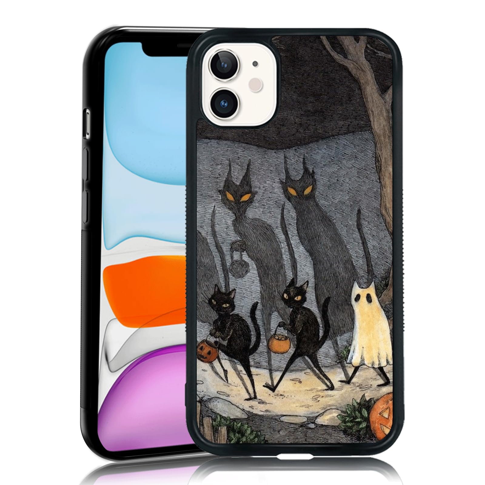 MMYAJT Vintage Scary Halloween Black Cat Phone Case Fit for iPhone 11 — Shockproof Designed Funky Art Cute Print Phone Case Cover for Boy Girl Men