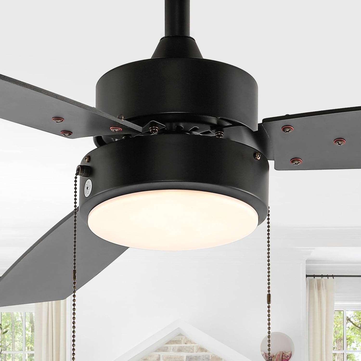 JONATHAN Y 42" Black 1-Light Iron Integrated LED Ceiling Fan, 3-Speed Modern Minimalist Height Adjustable 3-Blade Fan with Pull Chains for Living Room Bedroom, ETL Listed JYL9725A