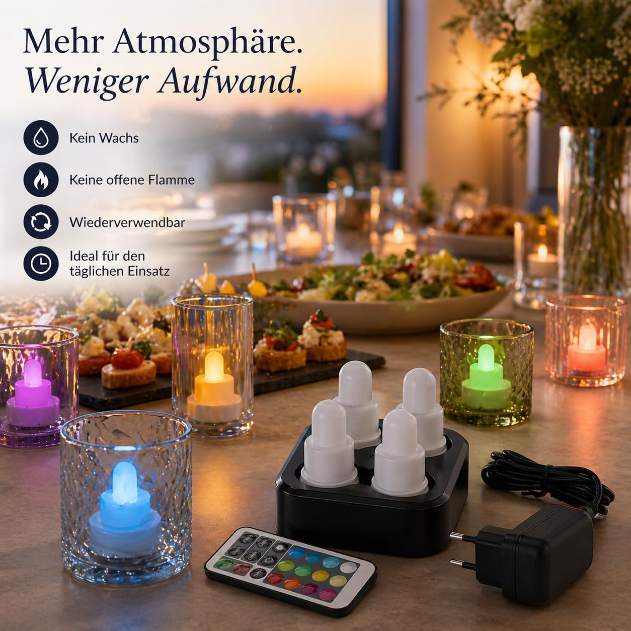ReWu Duni LED-Set - 4 Stück - Warmweiß & Multicolour Mehrfarbig Wiederaufladbar Inklusive Ladestation & Fernbedienung Tischleuchten LED-Kerzen Alternative Teelichter