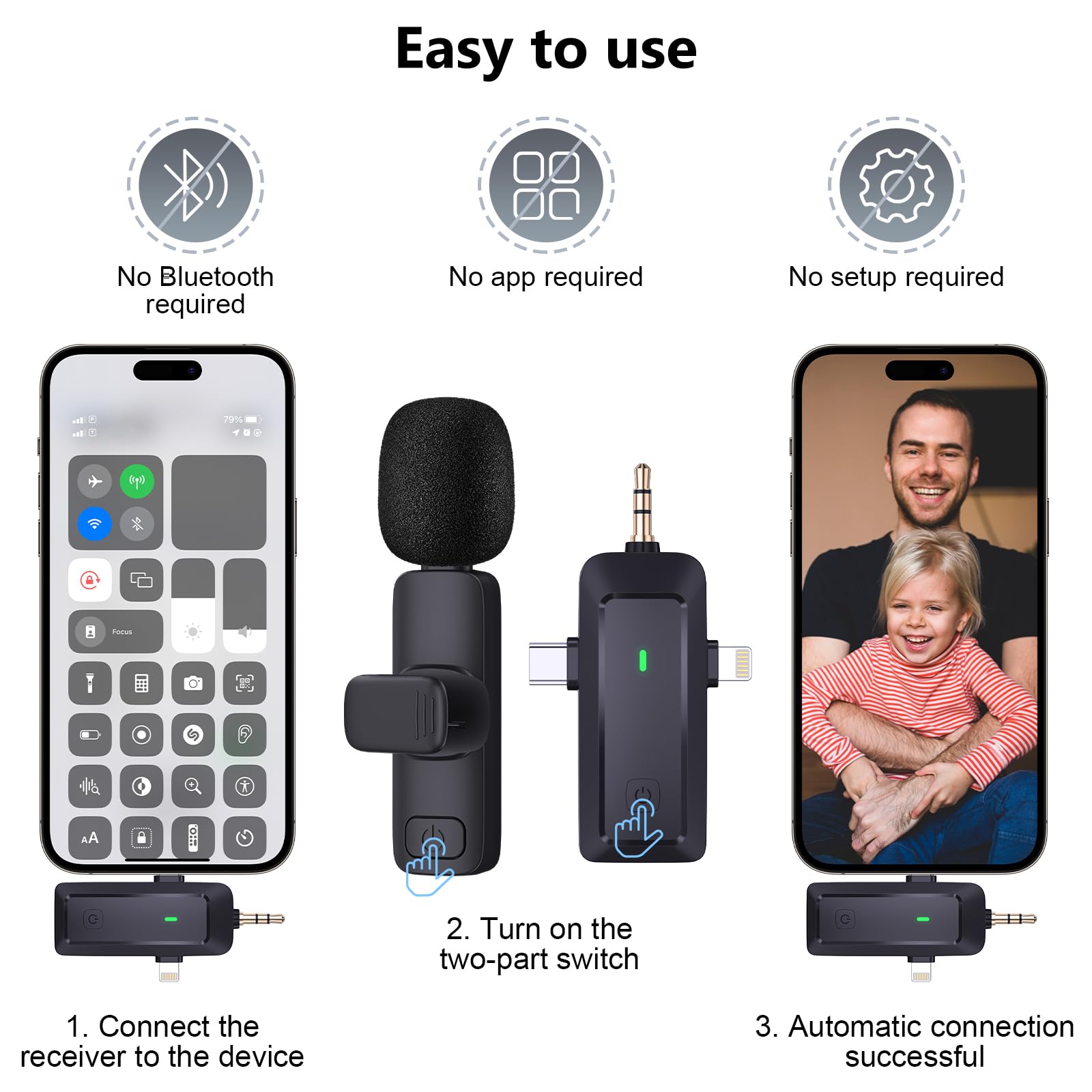 Microfono wireless Lavalier per iPhone/cellulare/fotocamera/computer, 4 in 1, senza fili, con protezione dal vento per la registrazione video, streaming live vlog, TikTok