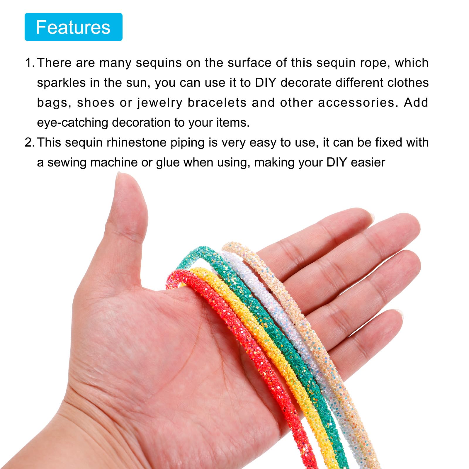 sourcing map 5 Yard 6mm 0.24 inch Glitter Sequins Rope Sequins Rhinestone Tube Cord for DIY Wedding Dresses Costume Clothing Shoes Jewelry Accessory Clear White — view 198