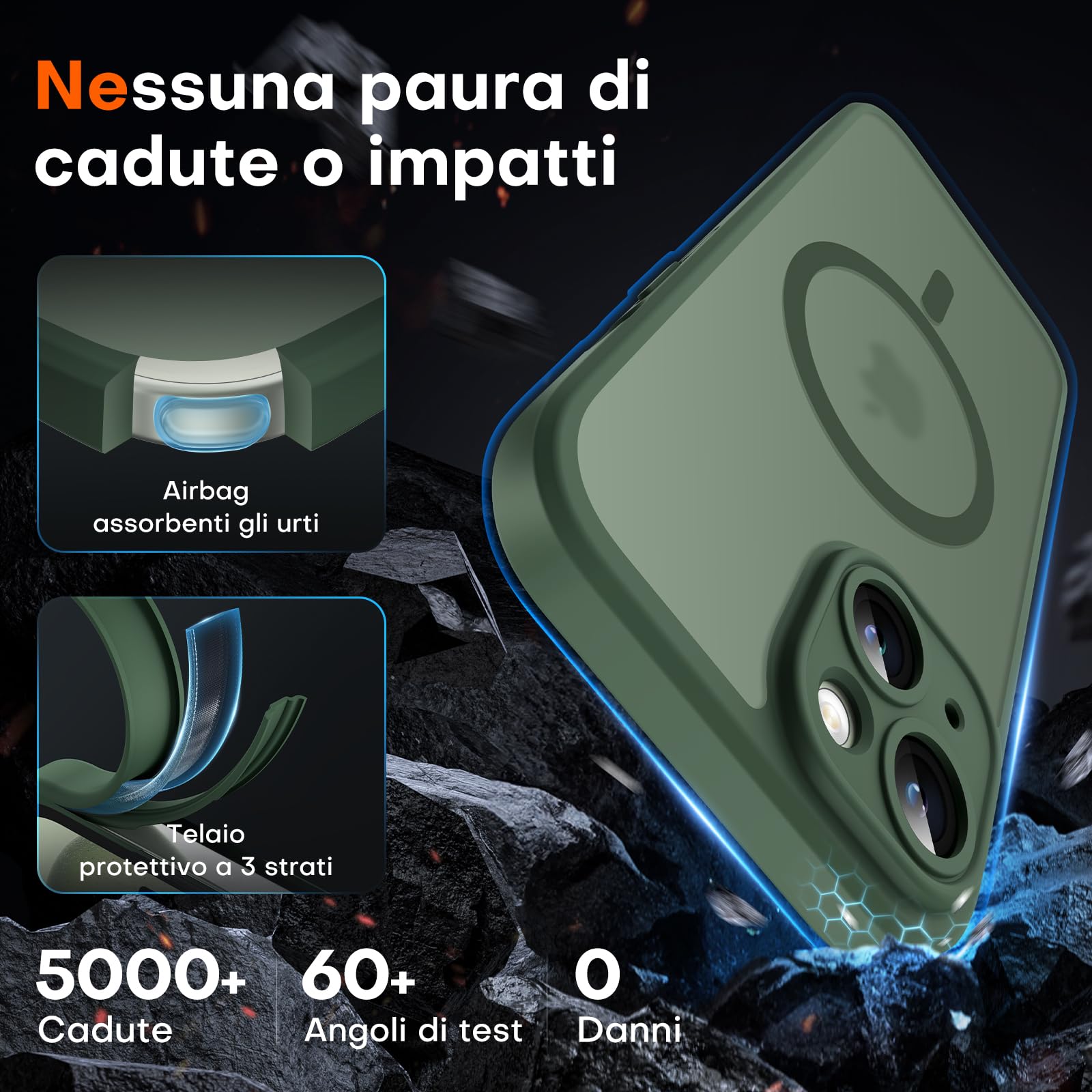 TOCOL Cover Magnetica per iPhone 15 6,1 Pollic, Compatibile con MagSafe, Protezione Fotocamera Integrata, Custodia Antiurto Traslucida Opaca, Verde Alpino