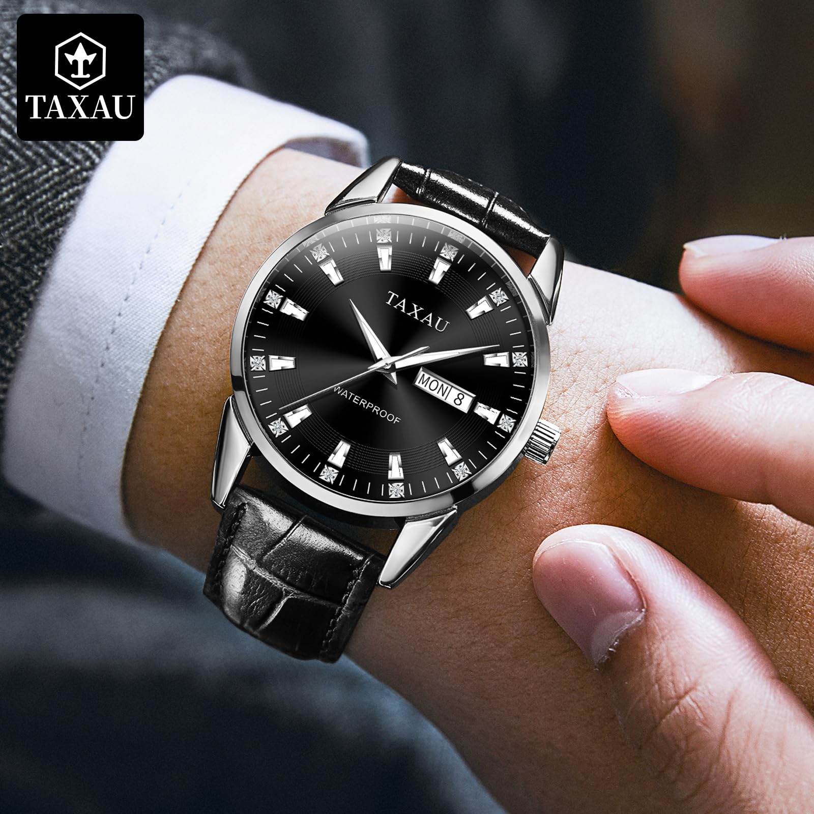 Taxau Montre classique en cuir pour homme - Analogique - Grand cadran - Montre de luxe étanche - Date de jour - Reloj para hombre