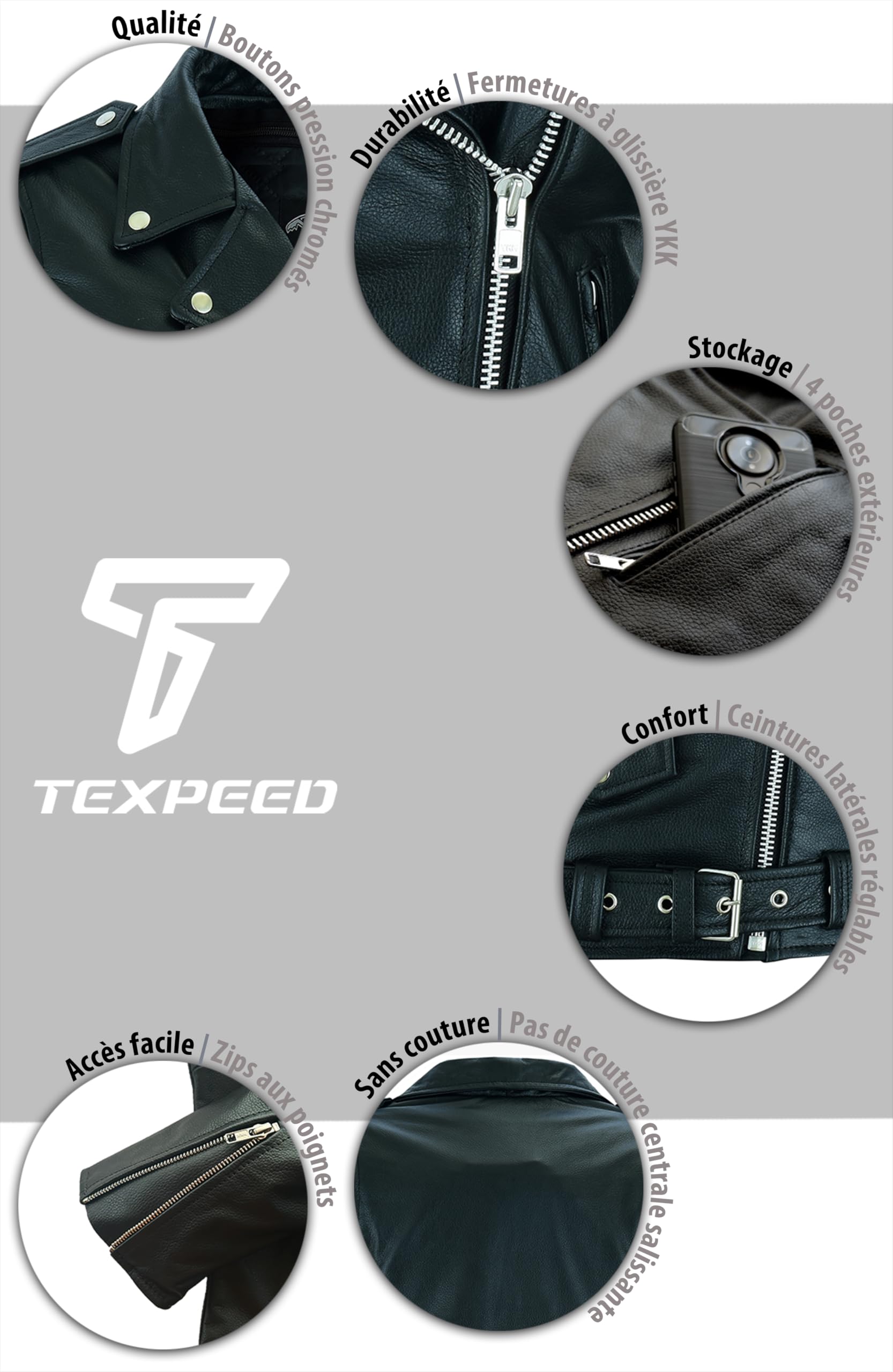 Texpeed Veste moto en cuir pour femme perfect Marlon Brando - Veste de moto de tourisme avec protection véritable biker CE armor (EN 1621-1) Noir - 5XL
