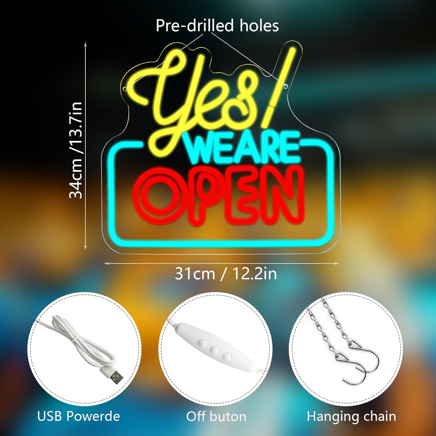 Open Neon Signs Yes We Are Open Neon Light,USB Powered,Hanging Wall Art Decor for Business,Coffee, Shop, Bar, Bakery,Hotel Store,13.7 x 12.2 IN-USB Powered-Acrylic - Image 5
