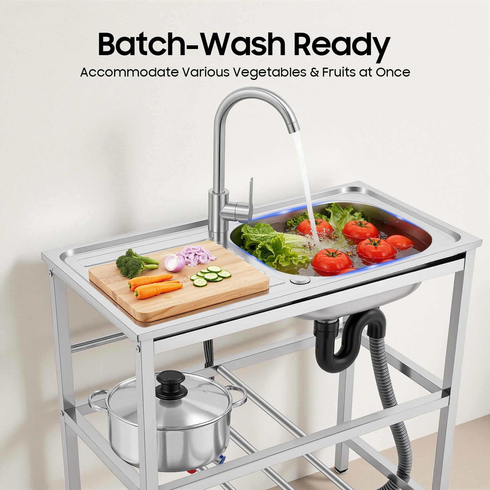 Fregadero de cocina independiente para exteriores, fregadero de acero inoxidable, grifo de lavabo, encimera multifuncional, fregadero, fregadero de agua para cocinas, cafés y bares (75 x 40 x 78 cm)
