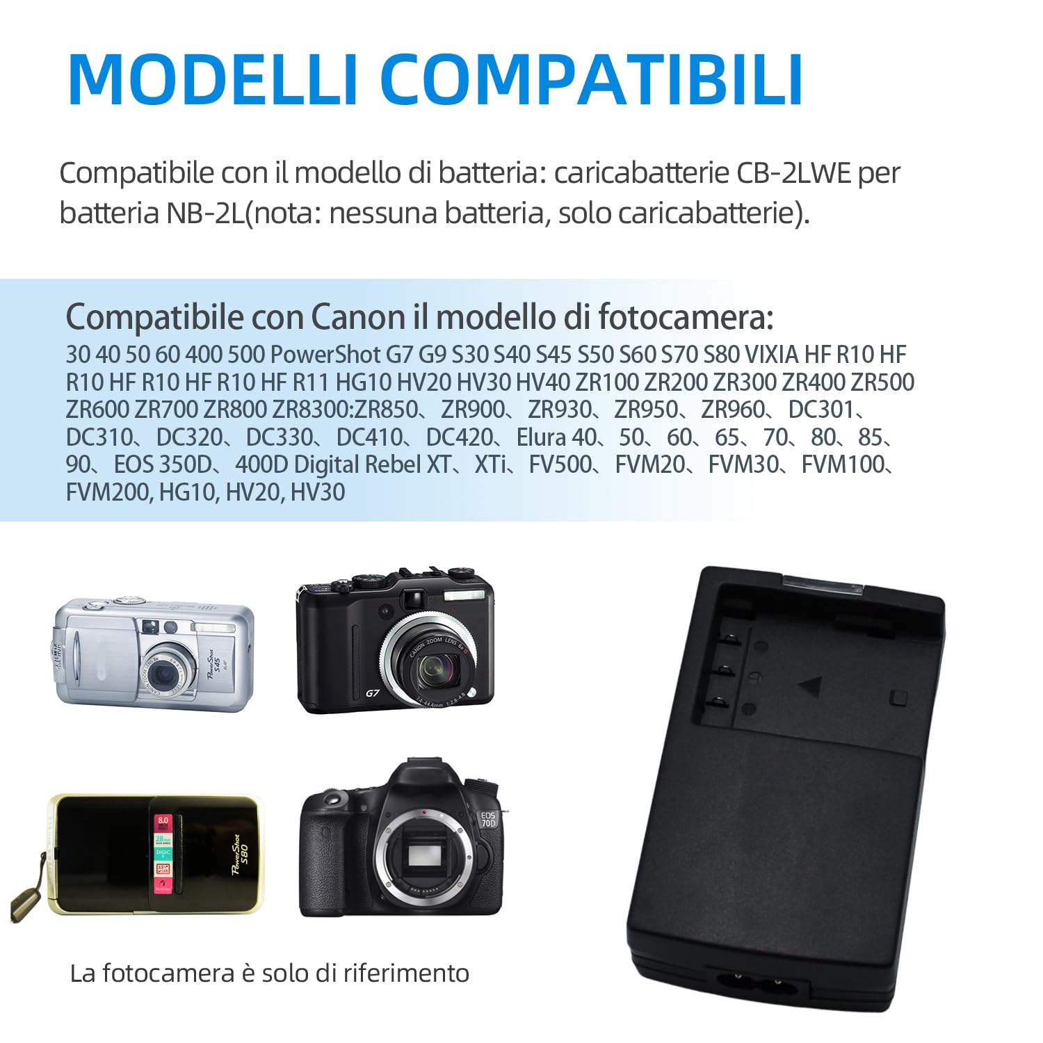NB-2L - Caricabatterie compatibile con Canon EOS 350D 400D MD265 MV960 PowerShot G7 G9 S70 S80 ZR950 ZR960 HG10 HV40 fotocamera NB-2LH