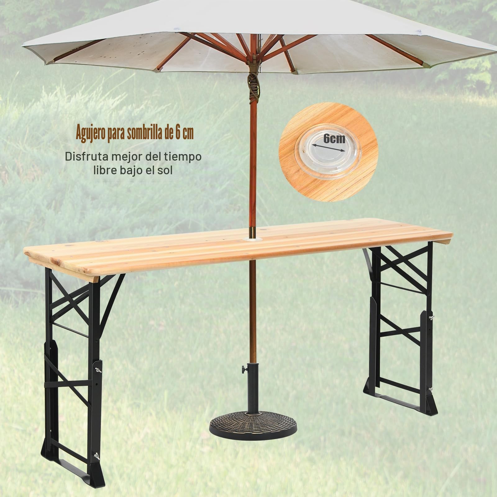 KOMFOTTEU Mesa Plegable de Camping de Madera Maciza, Mesa de Picnic con Orificio de Sombrilla y Altura Ajustable, para Jardín, Terreza, Picnic, Fiesta, 168,5 x 50 x 75/105 cm