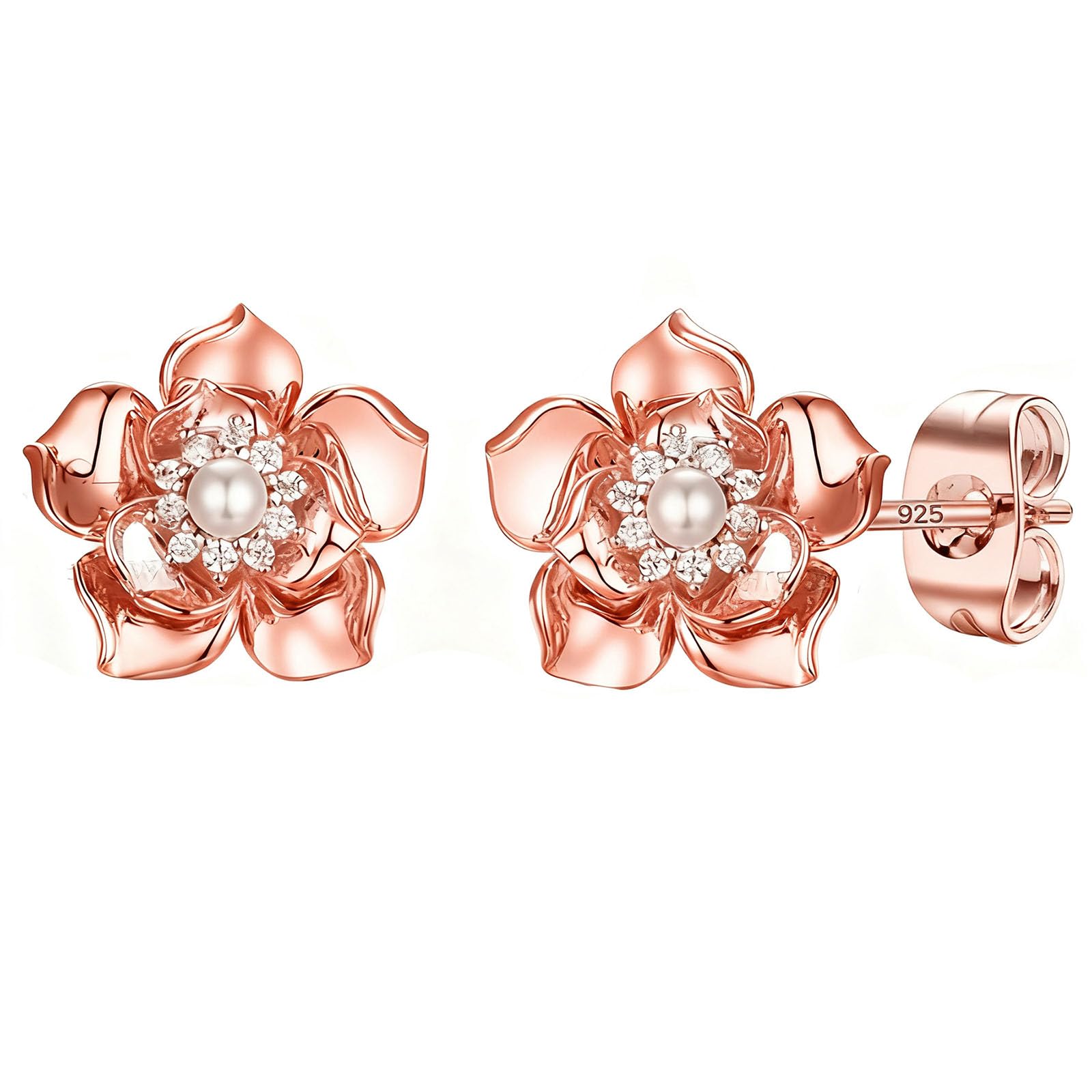 14K Gold Rose Flower Sterling Silver Stud Earrings For Women Dainty Rose Gold Pearl Earrings Hypoallergenic Earrings Cute Studs For Her Nickel Free