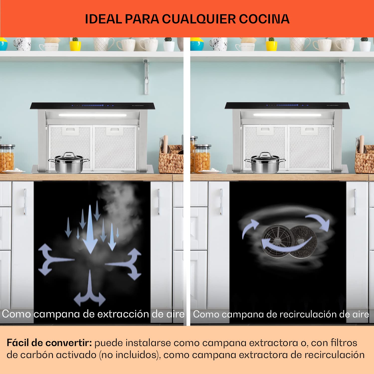 Klarstein Campana Extractora 60 cm - A++ Eficiencia Energética, 576 M³/H De Caudal De Aire, 51 dB, Touch-To-Slide, Acero Inoxidable & Vidrio, Iluminación Led, Diseño Retráctil, Extractor Cocina