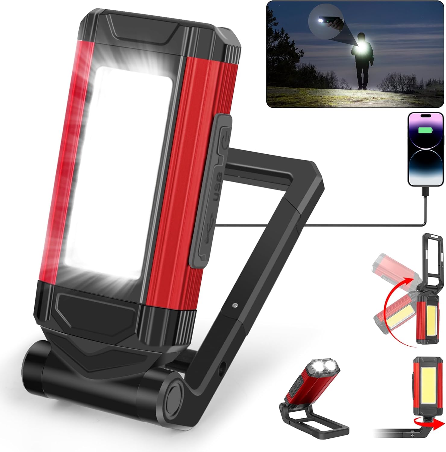 YiaMia Rechargeable LED Magnetic Work Light 1 Pack, Portable Tool Gifts for Men, 7 Flashlight Modes with Kickstand and Carabiner, USB Charging for Camping, Hunting, and Car Repairs (1, Red)