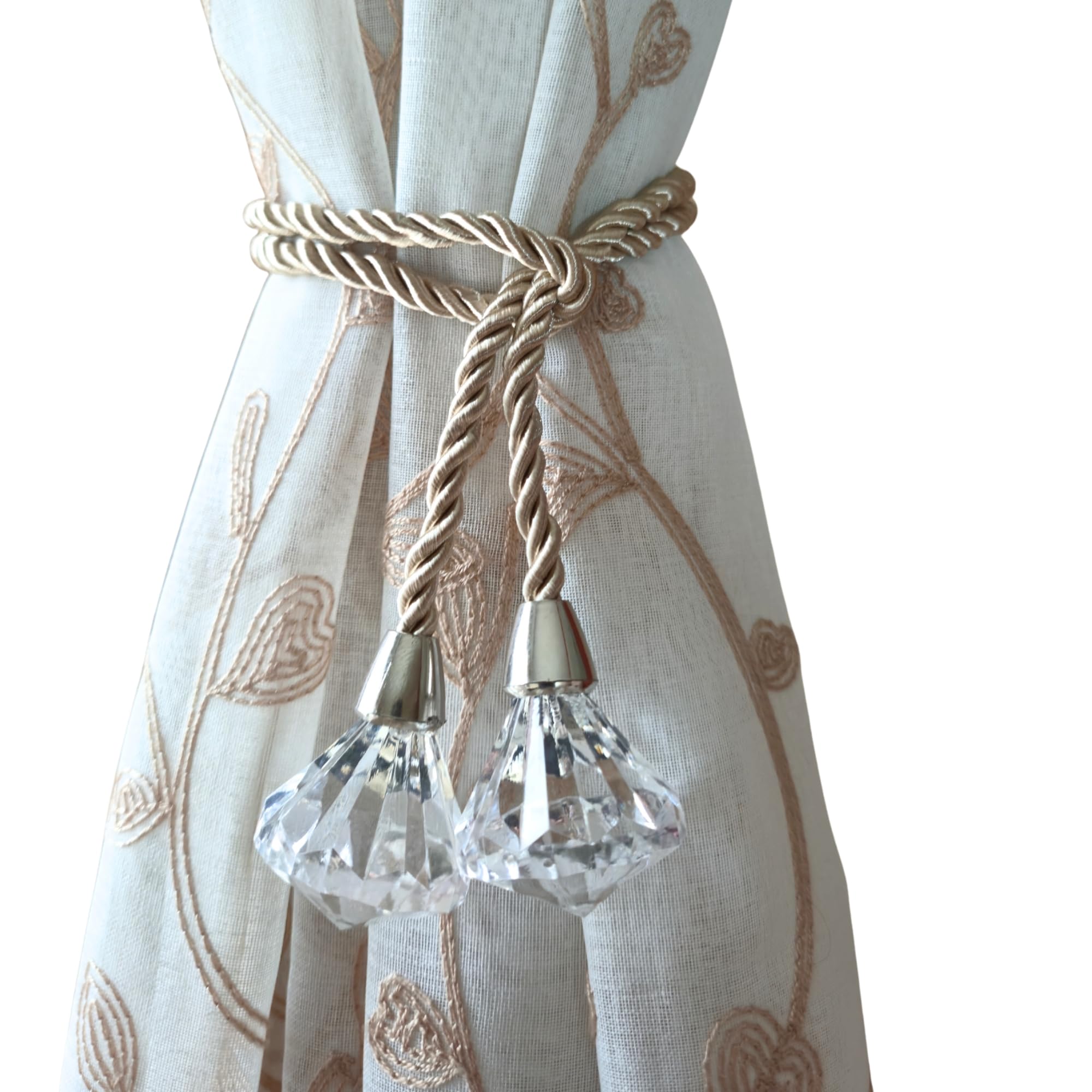 SOLOVO Ferma Tenda con Cristalli Decorativi, Corda Intrecciata Elegante, Stile Moderno per Tende Soggiorno e Camera, Chiusura Incrociata Semplice, Tieback Pratico, Set da 2 Pezzi, Beige