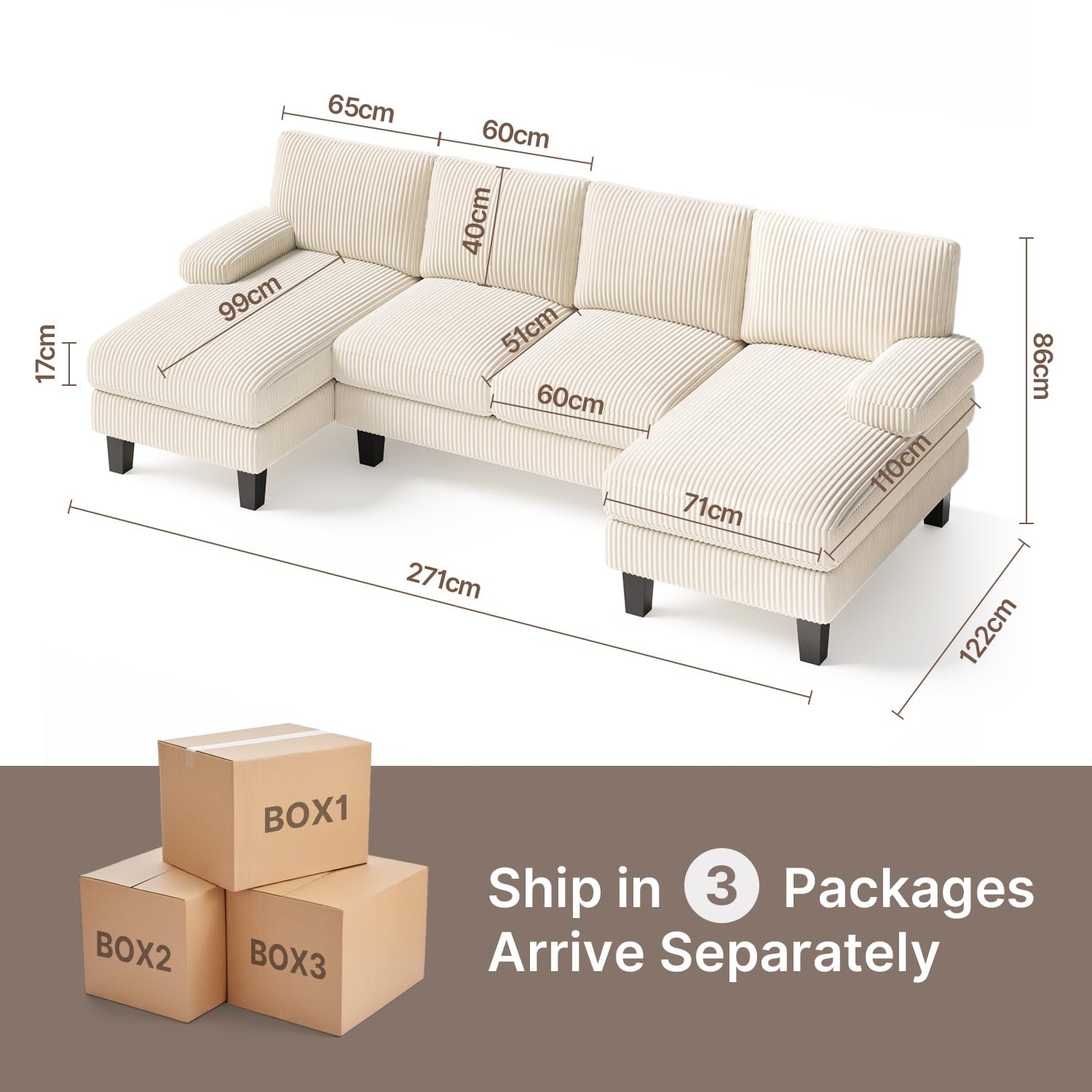 Xbro Divano Angolare a U 4 Posti con Doppia Chaise Longue, Divano Grande Moderno da Soggiorno e Salotto in Velluto a Coste, Struttura in Legno e Metallo 271x122x86 cm, Beige