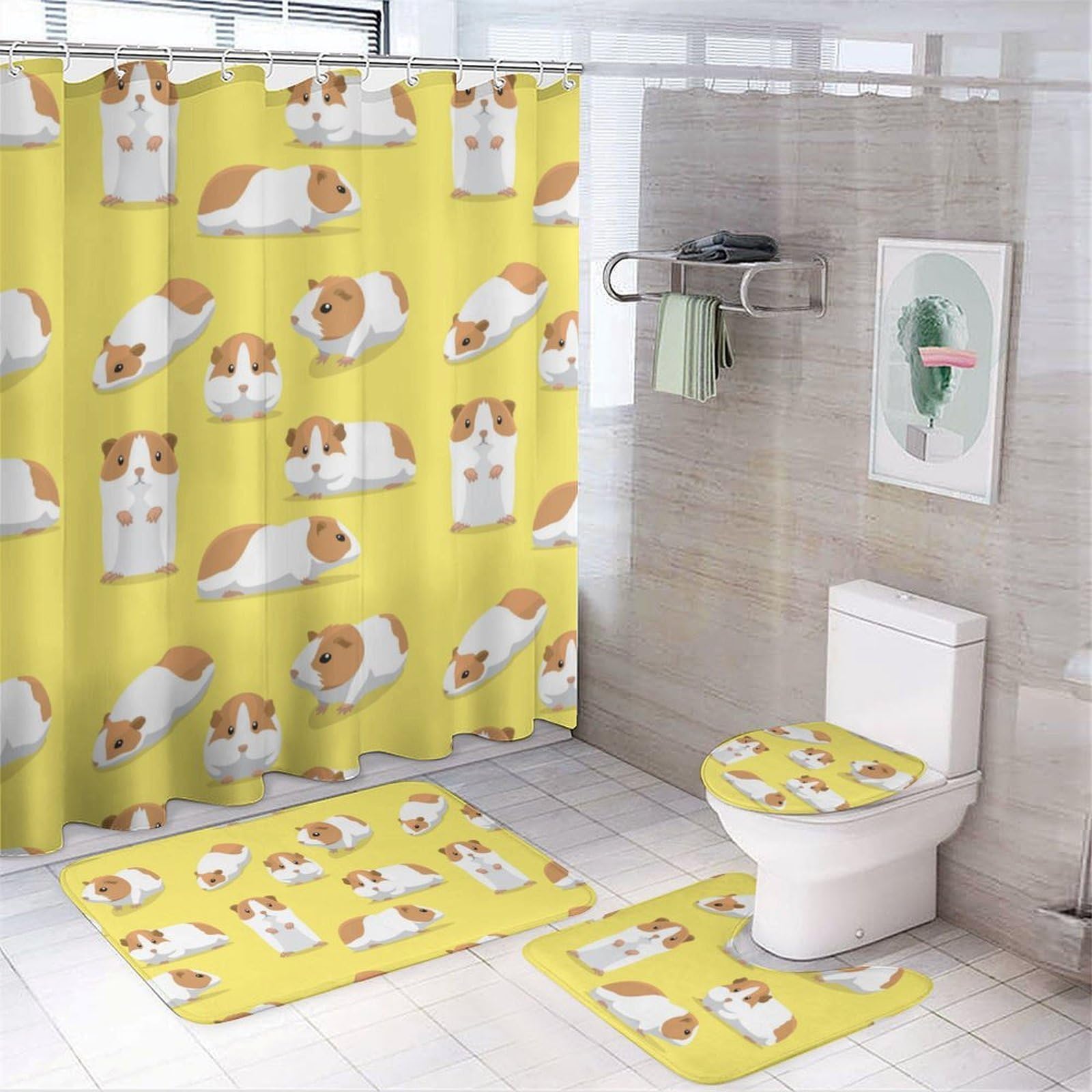 JZemdybill Bathroom Mat Set 4 Piece, Cartoon Guinea Pig Shower Curtain with Non-Slip Bath Mats for Bathroom